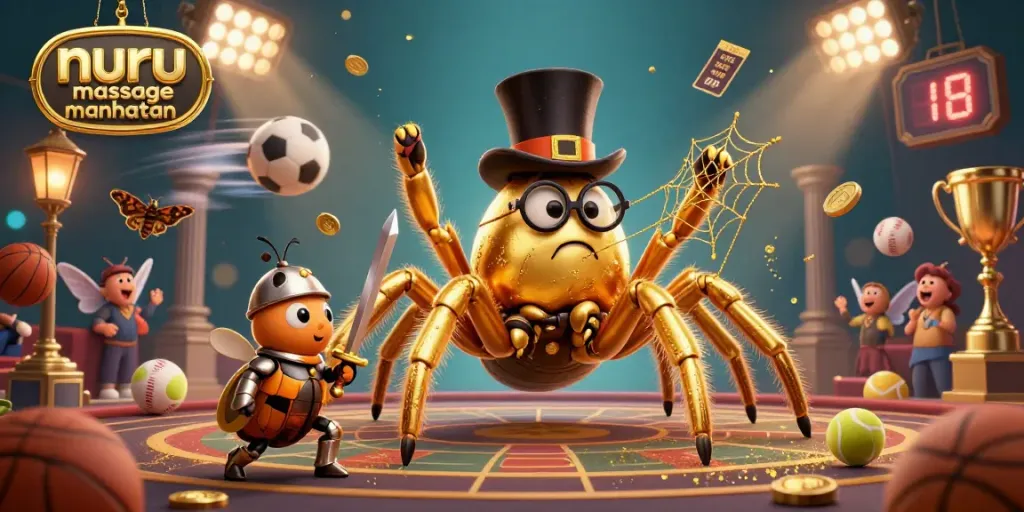 Nuru massage Manhattan shines in a dynamic scene with golden tarantula and beetle knight among casino elements.