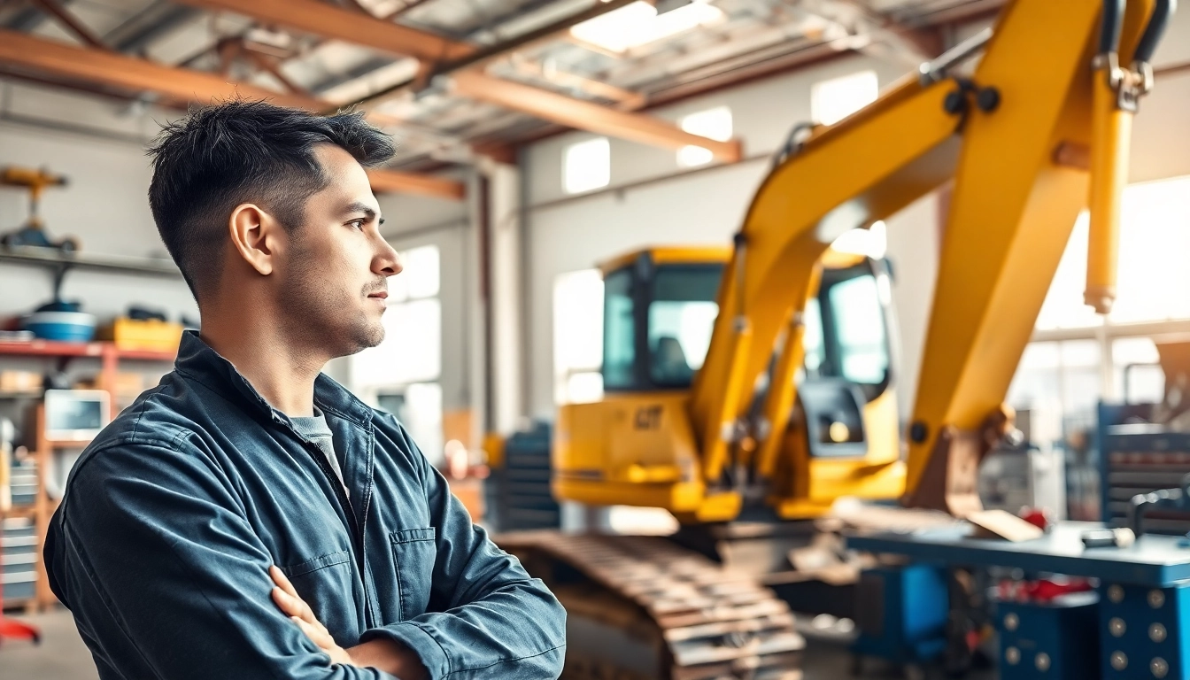 Technician performing equipment service on heavy machinery in a workshop with bright lighting.