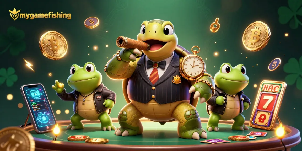 Experience mygamefishing with a vibrant casino scene featuring a mobster turtle and bullfrog enforcers.