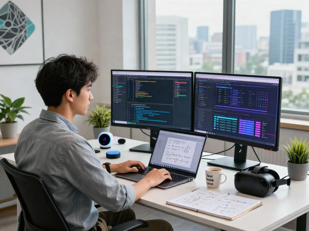 Crush on AI development showcased in a modern workspace with dual monitors and vibrant coding interface.