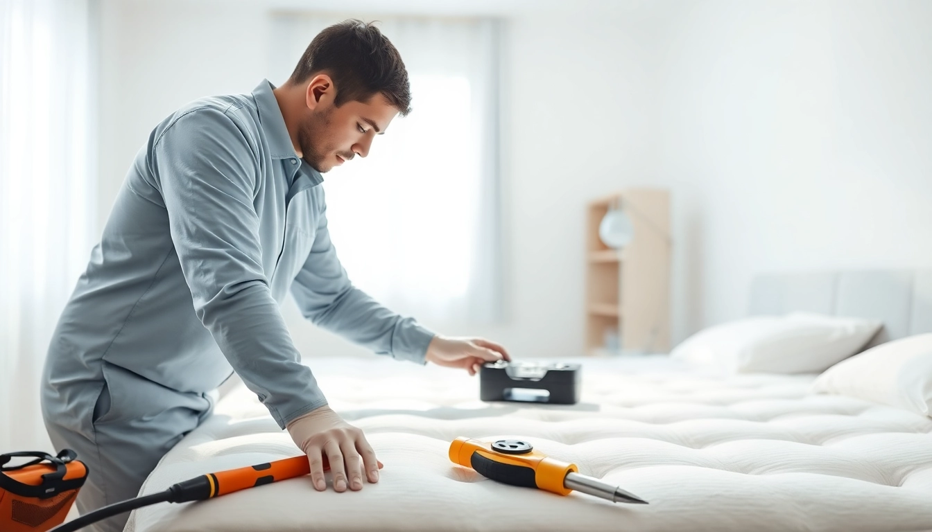 Professional applying bed bug control treatment in a modern bedroom setting.