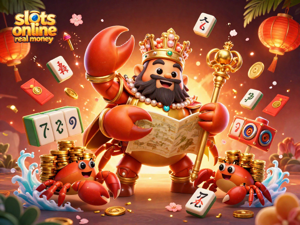 Spin slots online real money with a golden crab emperor and dynamic gaming elements around.