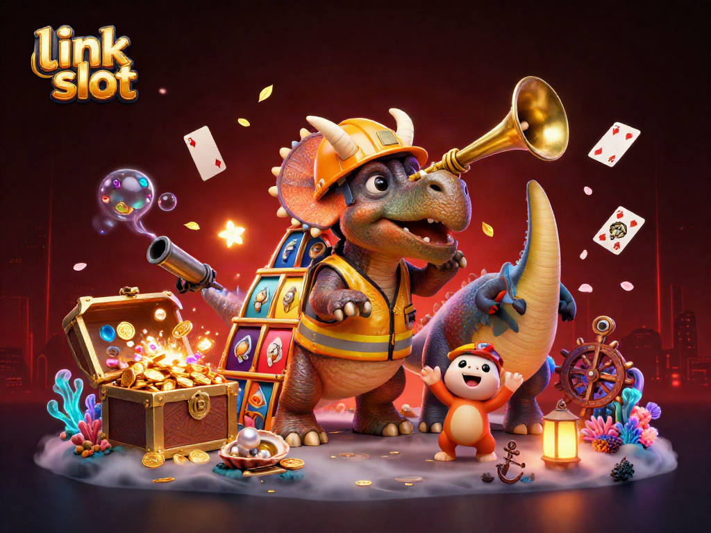 Experience excitement at link slot with a dynamic scene showcasing a triceratops and pals amidst a colorful casino theme.