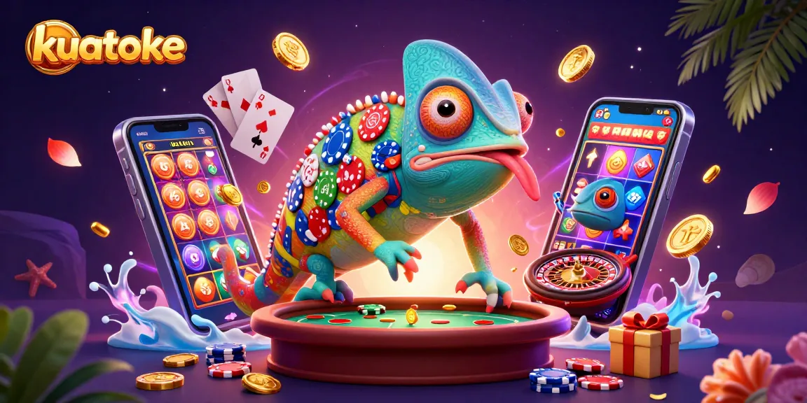 Kuatoke casino scene with a chameleon owner, vibrant games, and winning coins scattered around