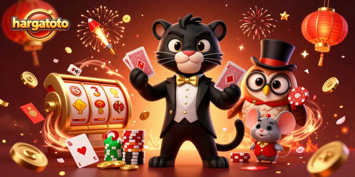 Play cards with hargatoto while engaging in a vibrant casino atmosphere with colorful characters.