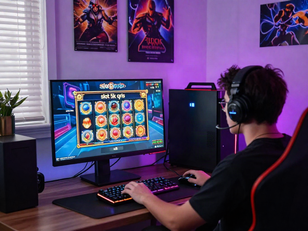 Player enjoying the slot 5k qris game on a vibrant online gaming setup with colorful LED lights.
