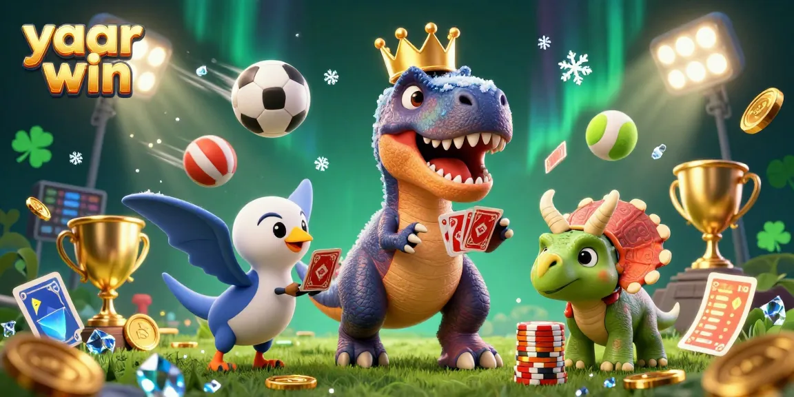 Engage with yaar win, a fun-filled 3D casino scene featuring a T-Rex, pterodactyl, and triceratops.