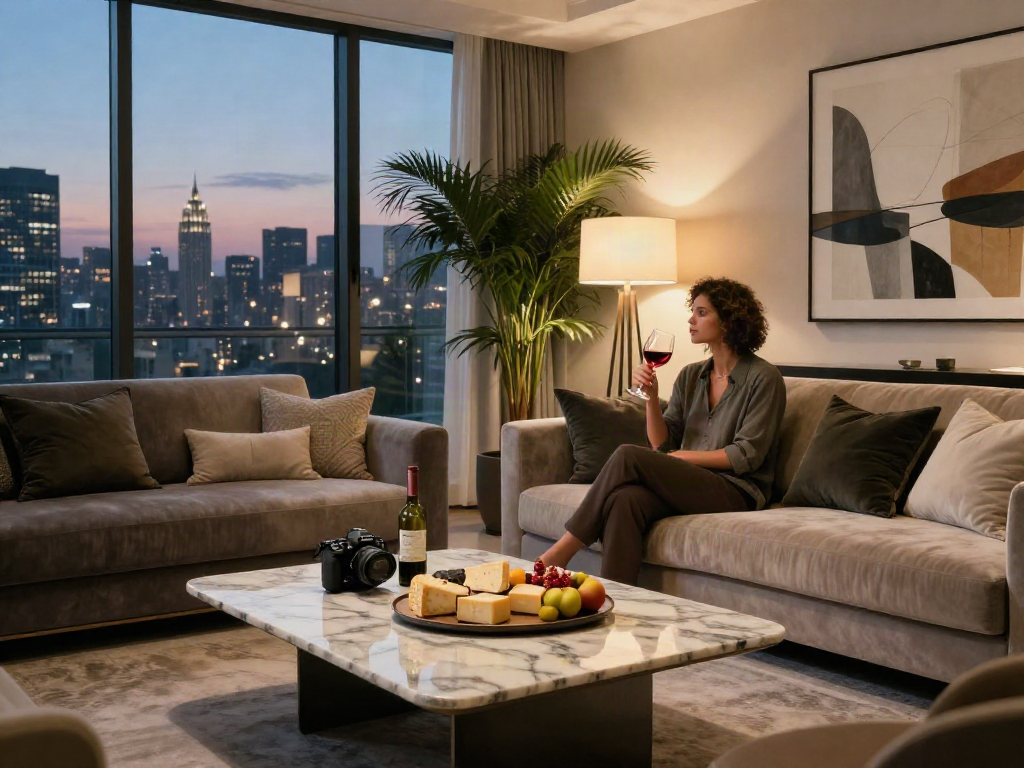 Gaya hidup mewah luxury111 dengan ruang tamu modern elegan, orang menikmati anggur vintage di sofa.