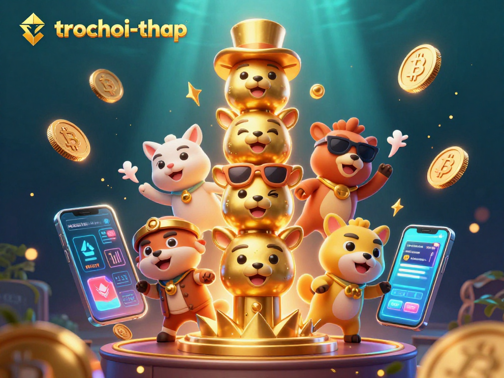 Play trochoi-thap to conquer the tower in this vibrant 3D illustration featuring exciting game elements.