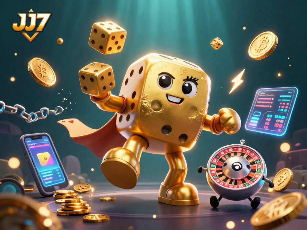 Engage with JJ77 casino thrills featuring a golden dice golem, crypto coins, and vibrant elements!