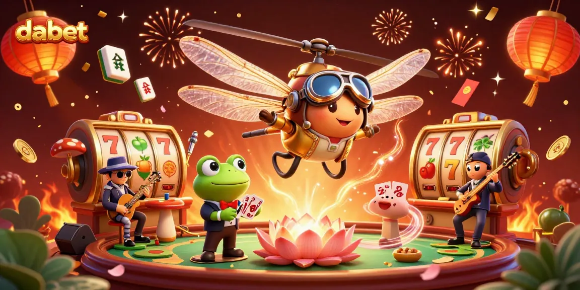 dabet engages players with a vibrant illustration of casino games featuring cartoon characters and festive elements.