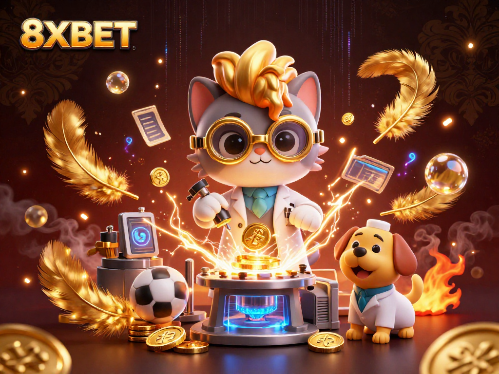 Experience the thrill of 8XBET with a vibrant 3D casino scene featuring a mad scientist cat and dog creating riches.