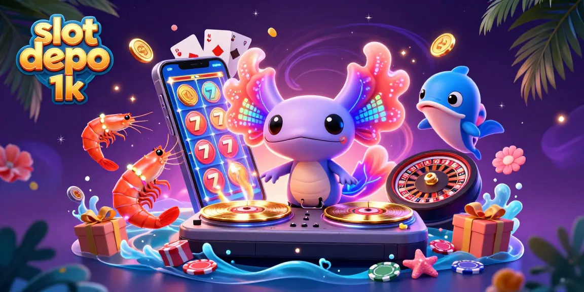 Rasakan keseruan slot depo 1k dengan DJ axolotl dan karakter unik dalam ilustrasi kasino yang meriah.