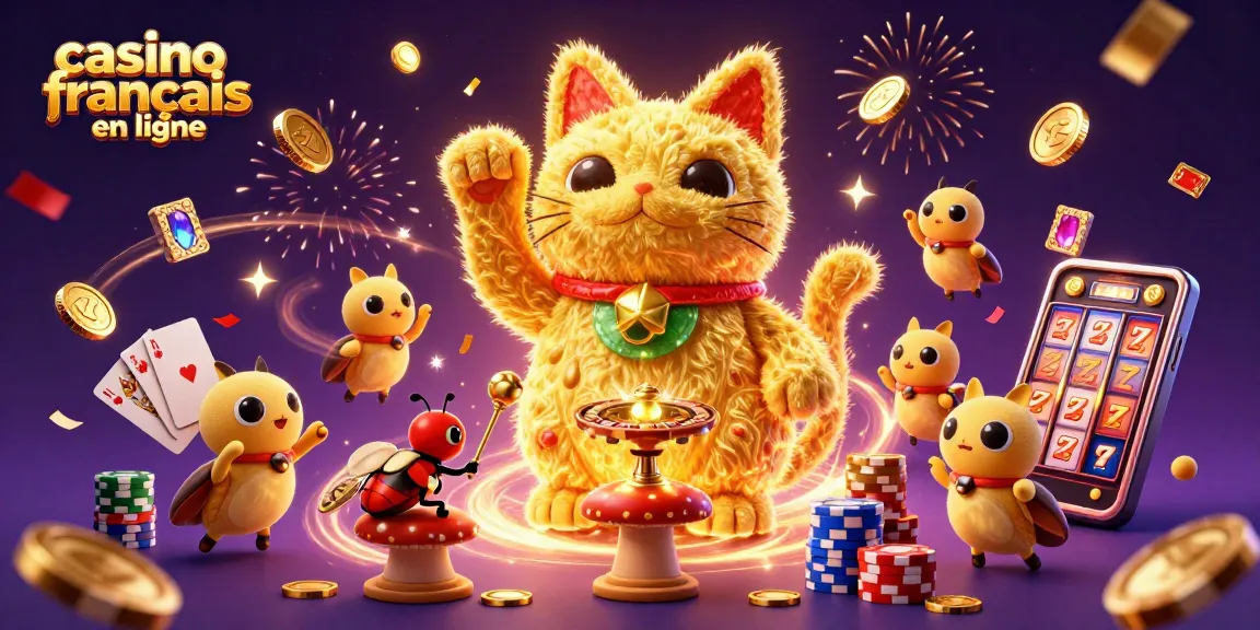 Jouer au casino français en ligne avec un chat chanceux entouré de symboles de jeu.
