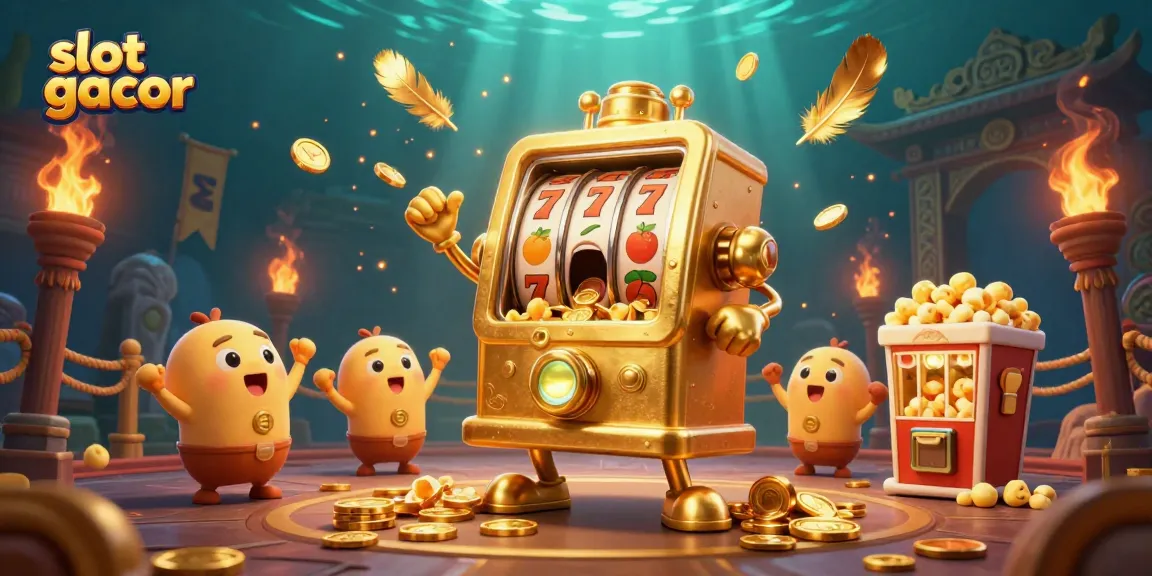 Experience slot gacor excitement as a gold slot machine hits the jackpot, surrounded by cheering baby machines and atmospheric effects.