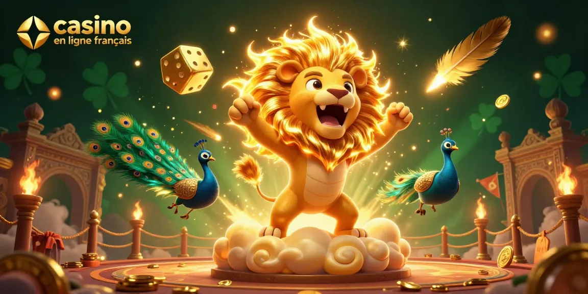Profitez d'une expérience de jeu unique sur un casino en ligne francais avec un lion flamboyant et des jetons en or.