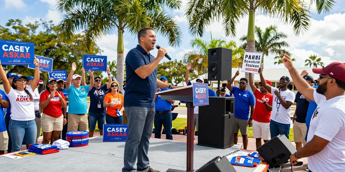 Casey Askar engaging supporters at a dynamic political campaign rally in Florida, surrounded by enthusiastic crowd.