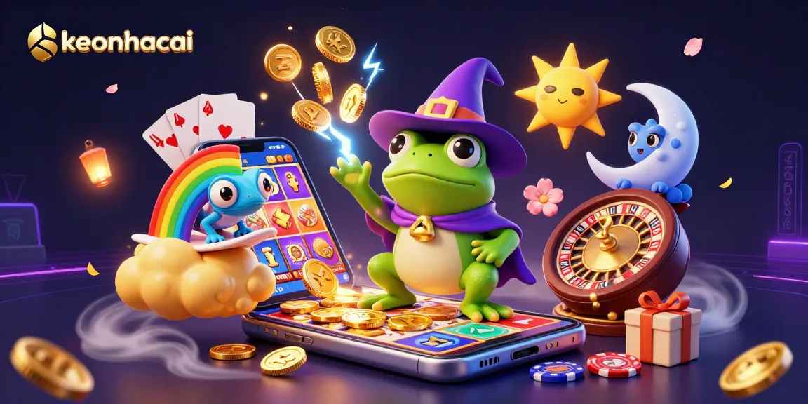 A dynamic 3D illustration showcasing keonhacai with a weather wizard frog and coins, surrounded by vibrant slot game elements.