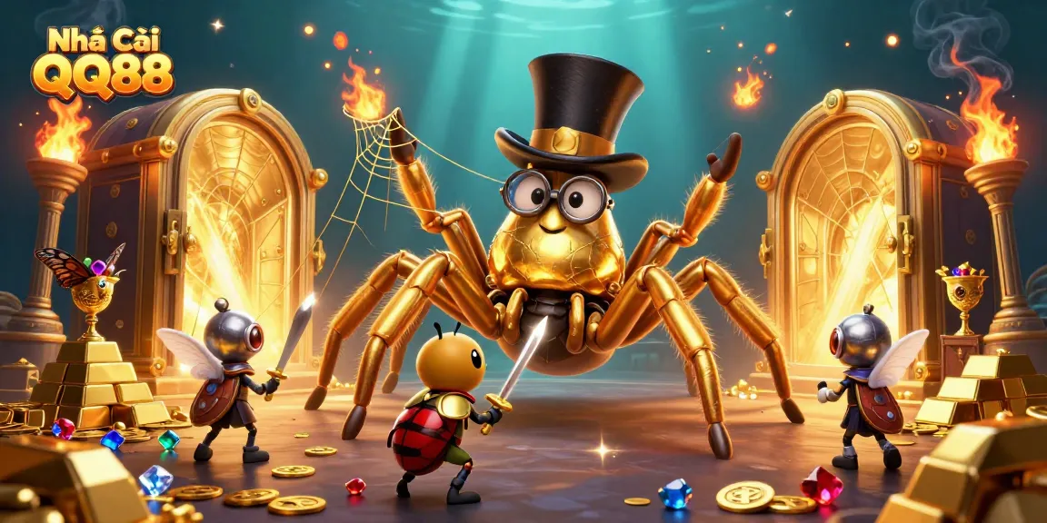 Experience the thrill of Nhà Cái QQ88 with a golden tarantula and beetle knight at the vibrant casino.