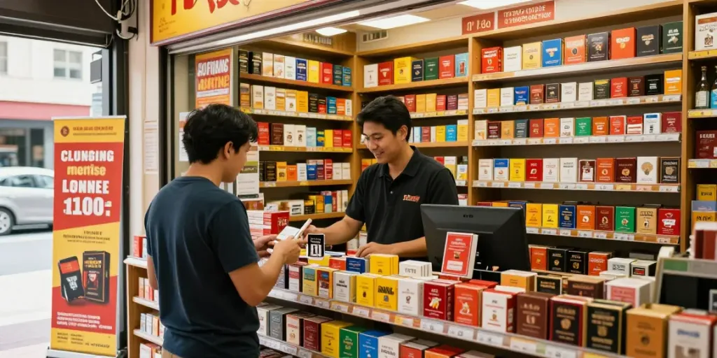 Explore budget cigarettes and top smokes Australia in a vibrant urban tobacco shop, showcasing best-selling brands.