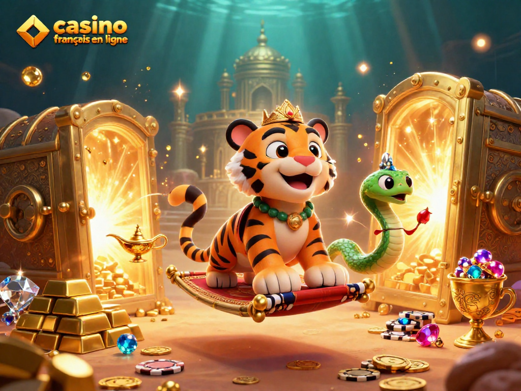 Découvrez casino français en ligne dans une illustration 3D vibrante remplie de trésors et de jeux.
