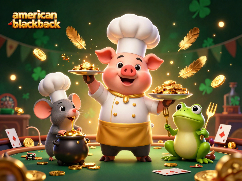 Experience the excitement of american-blackjack with a whimsical 3D casino scene featuring delightful characters and rich game elements.