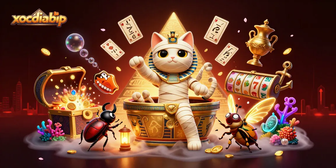 Engage with xocdiabip's vibrant casino scene featuring a lively Egyptian mummy cat and scarab beetle amidst thrilling slot elements.