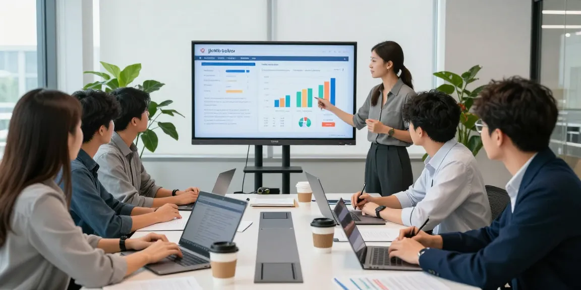 Team discussing digital marketing strategies featuring jacktoto insights in a modern office.