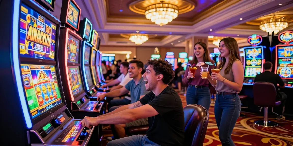 Exciting casino scene with a player enjoyingเกมสล็อต at a colorful slot machine surrounded by cheering friends and vibrant lights.