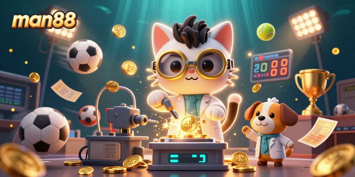 Experience man88's thrilling sports betting scene with a mad scientist cat and dog amidst gold coins.