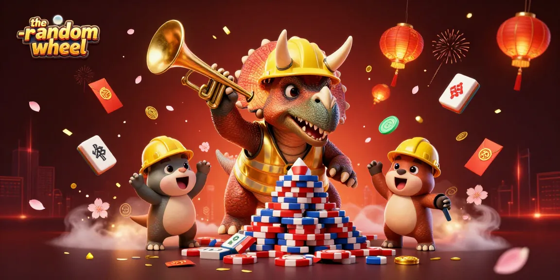 Spin excitement with the-random-wheel as a triceratops builds a poker chip pyramid amid celebration.