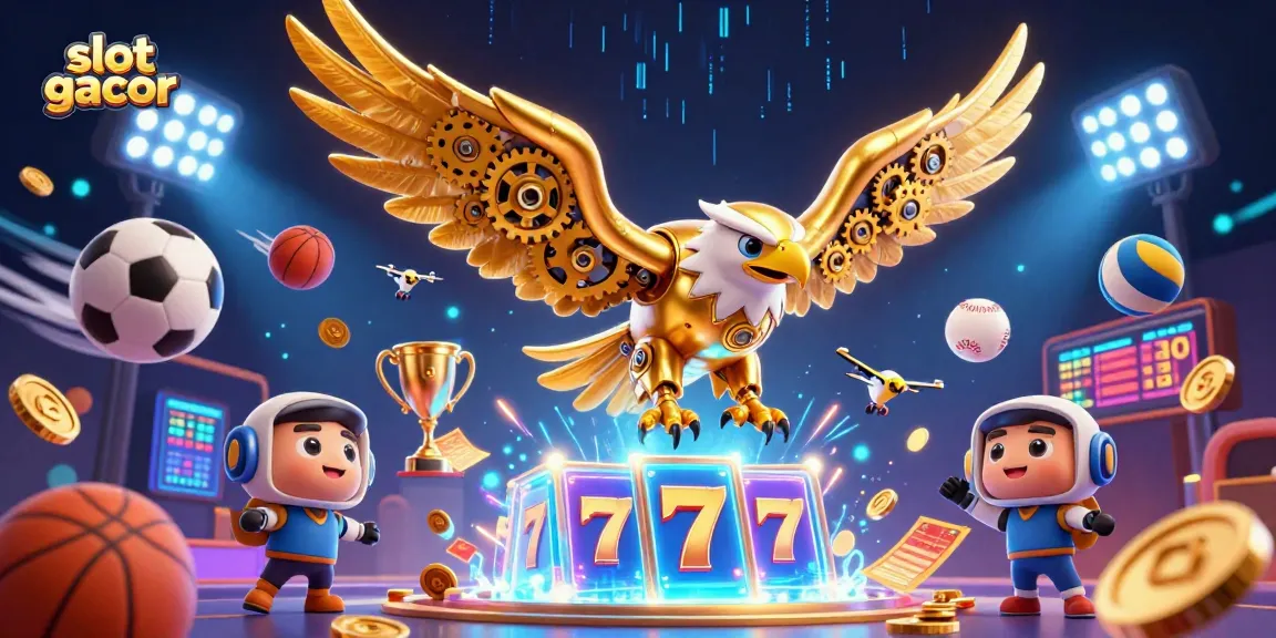 Experience the thrill of slot gacor featuring a cybernetic eagle and sports elements in a vibrant 3D scene.