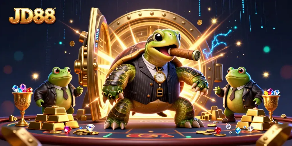 Experience the thrill of JD88 with a cartoon turtle in a casino heist scene surrounded by treasure.