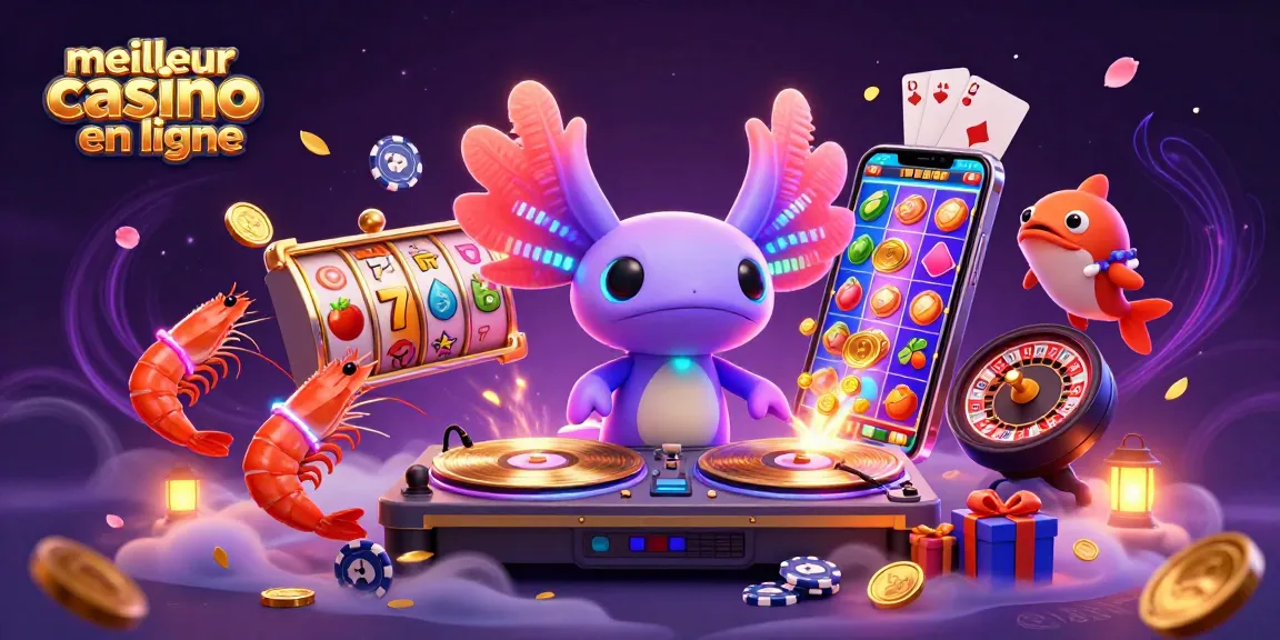Illustration dynamique d'un meilleur casino en ligne avec un DJ axolotl et des éléments de jeu captivants.