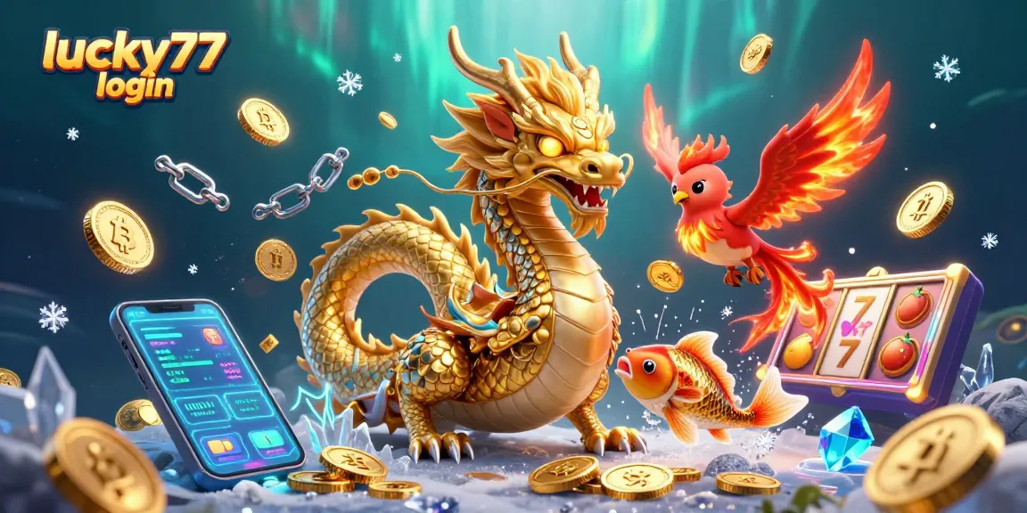 Experience the thrill of lucky77 login with our vibrant casino illustration featuring a dragon, phoenix, and koi fish.