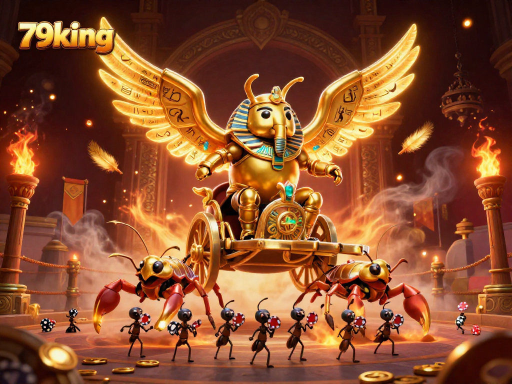 Experience thrilling gameplay at 79king casino with vibrant 3D illustration featuring golden symbols and poker action.