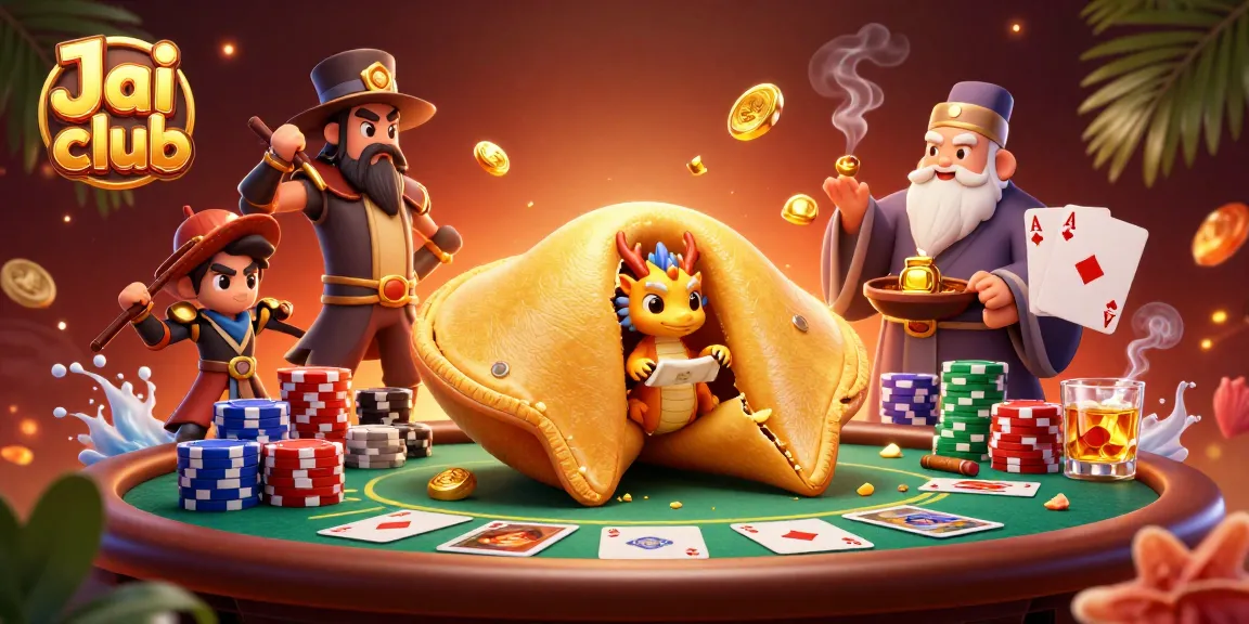Engage with Jai club's dynamic poker scene featuring a giant fortune cookie and dragon elements.