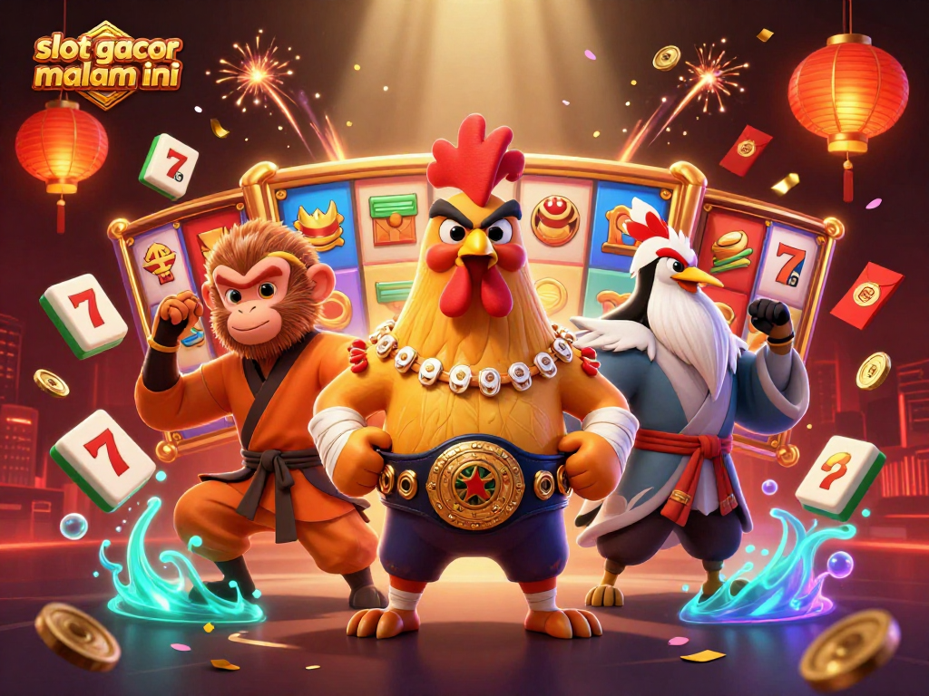 Engage in thrilling adventures with slot gacor malam ini, featuring vivid cartoon characters in a dynamic casino scene.