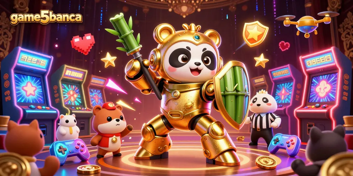 Engage with game5banca in a vibrant 3D casino scene featuring dynamic arcade machines and a mech-suit panda.