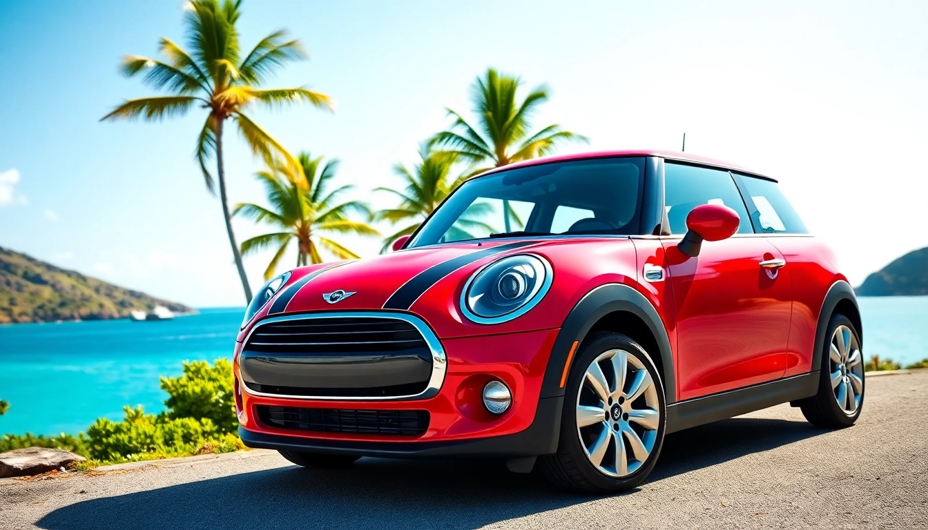Rent Mini Cooper St Barts, enjoy a stunning coastal view with a vibrant red Mini Cooper against a tropical backdrop.