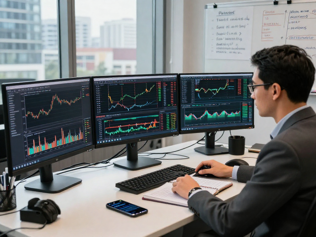 Trader using MetaTrader 5 platform with multiple screens in a modern finance office.