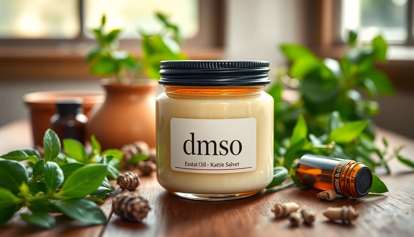 Apply dmso salve from a beautifully textured jar surrounded by fresh herbs.