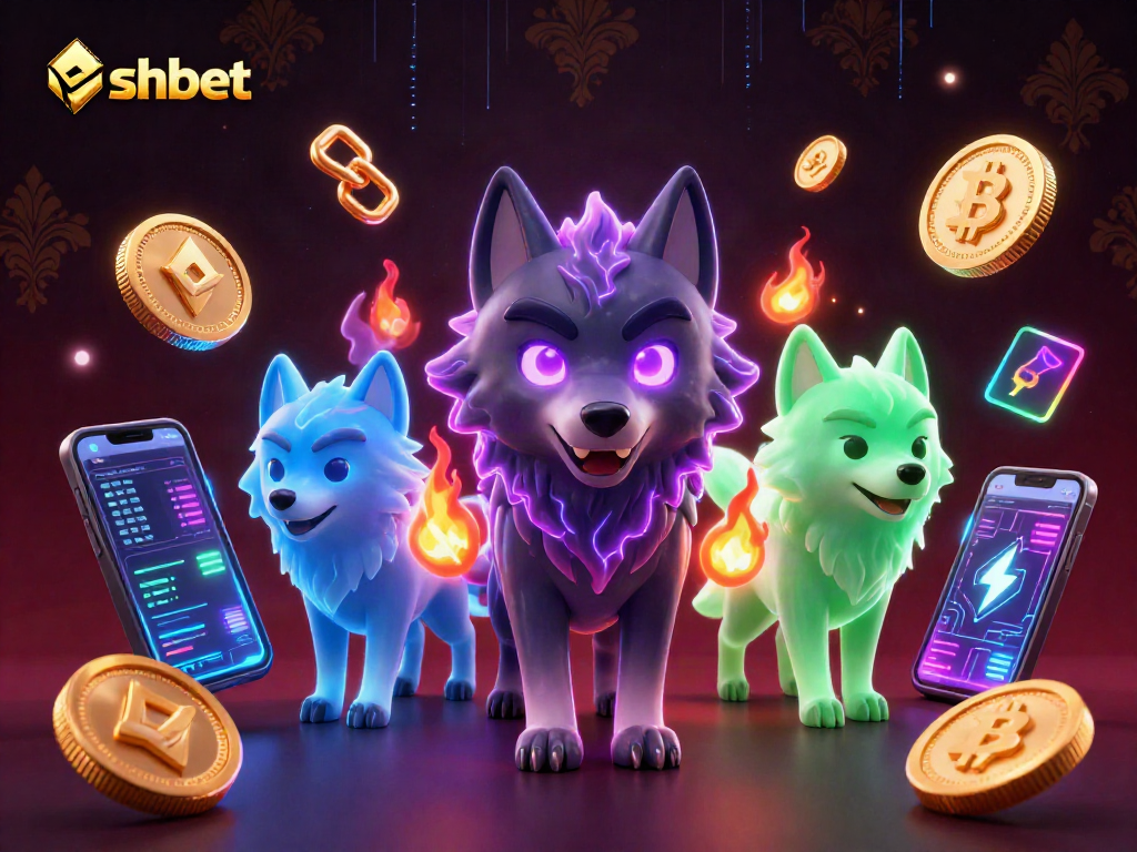 Shbet showcases a dynamic casino scene with glowing wolf characters and cryptocurrency elements.