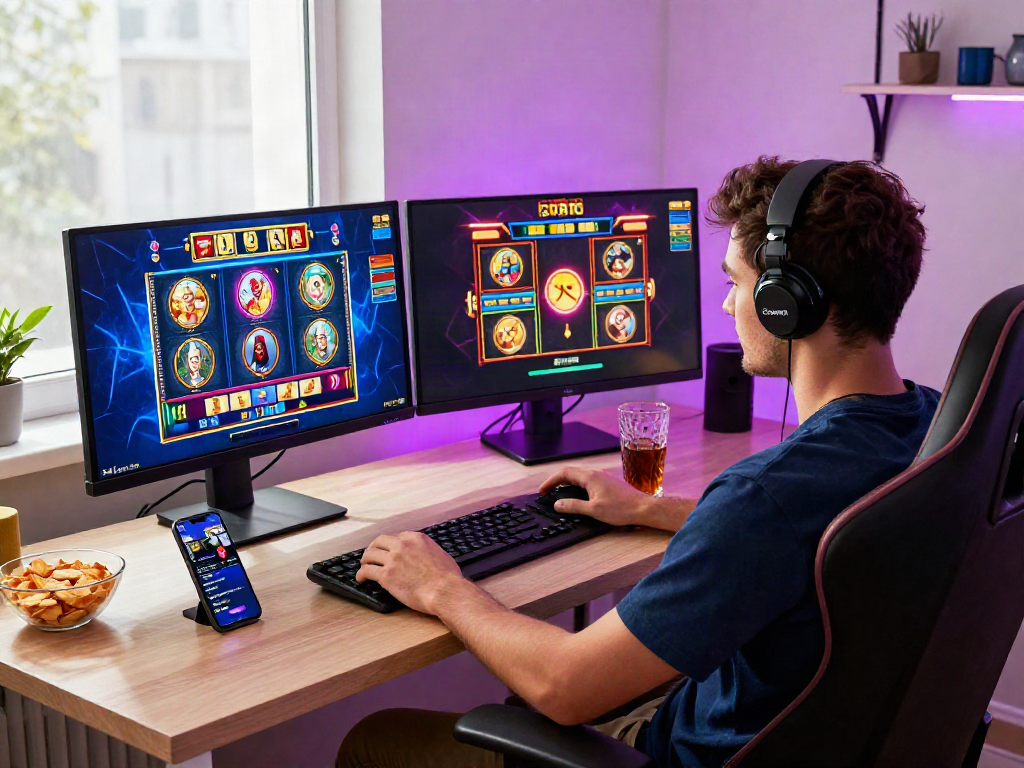 Player engaged in an exciting slot online terpercaya game at home, surrounded by vibrant visuals and cozy atmosphere.