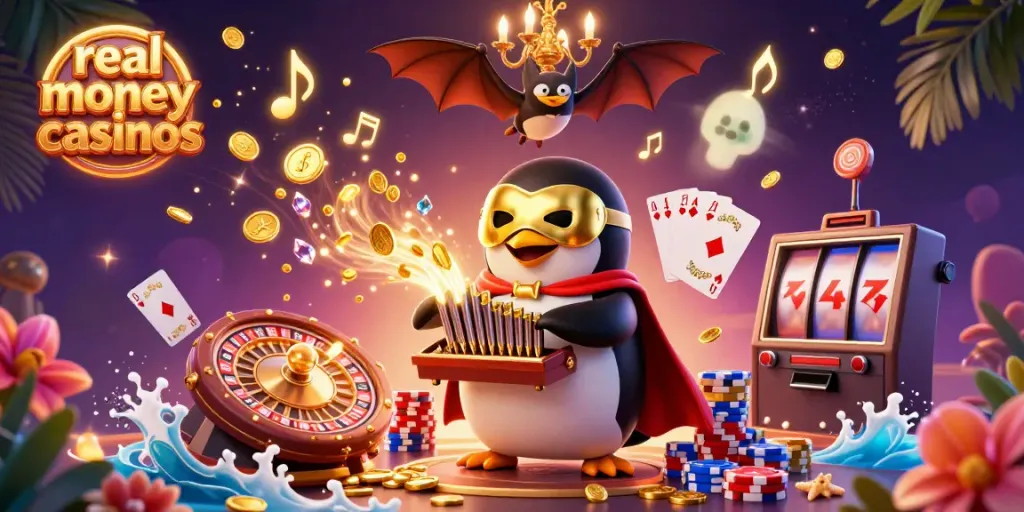 Experience real money casinos with a whimsical penguin playing a golden organ, cascading coins, and vibrant game elements.