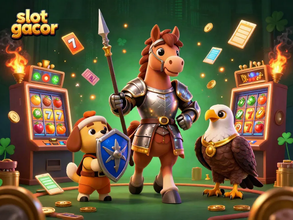 Menggambarkan slot gacor yang menampilkan karakter ksatria, anjing squire, dan burung falcon dengan elemen slot dan koin emas
