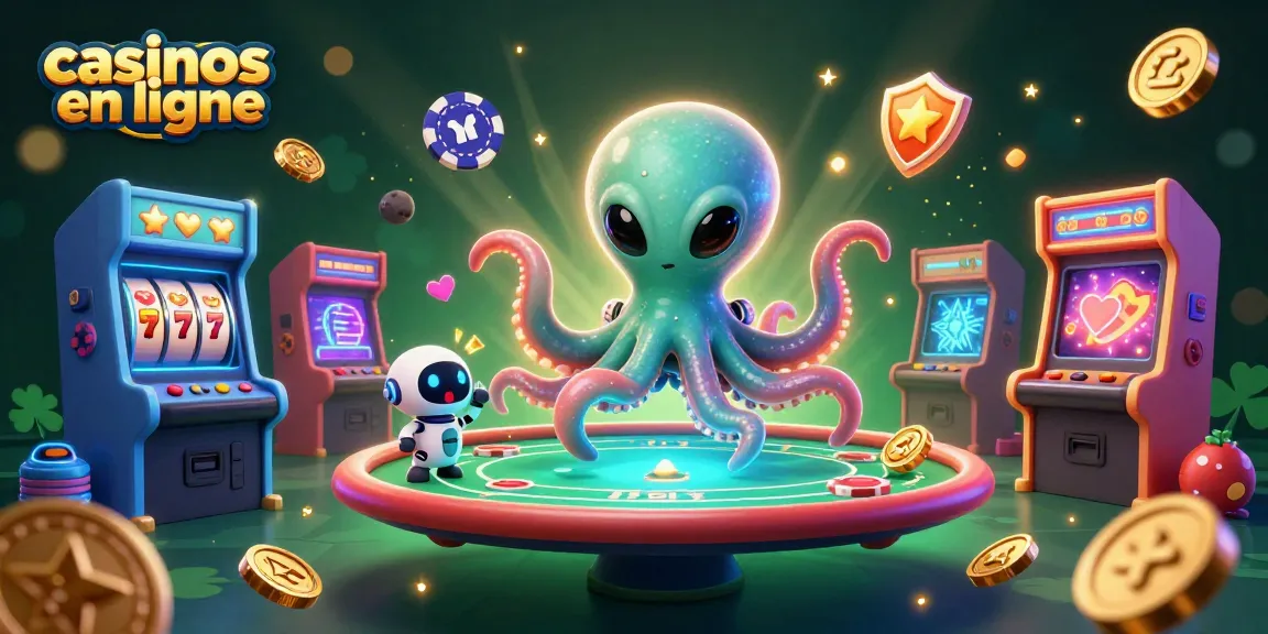Illustrez un décor de jeux de "casinos en ligne" avec une pieuvre alien et des machines à sous.