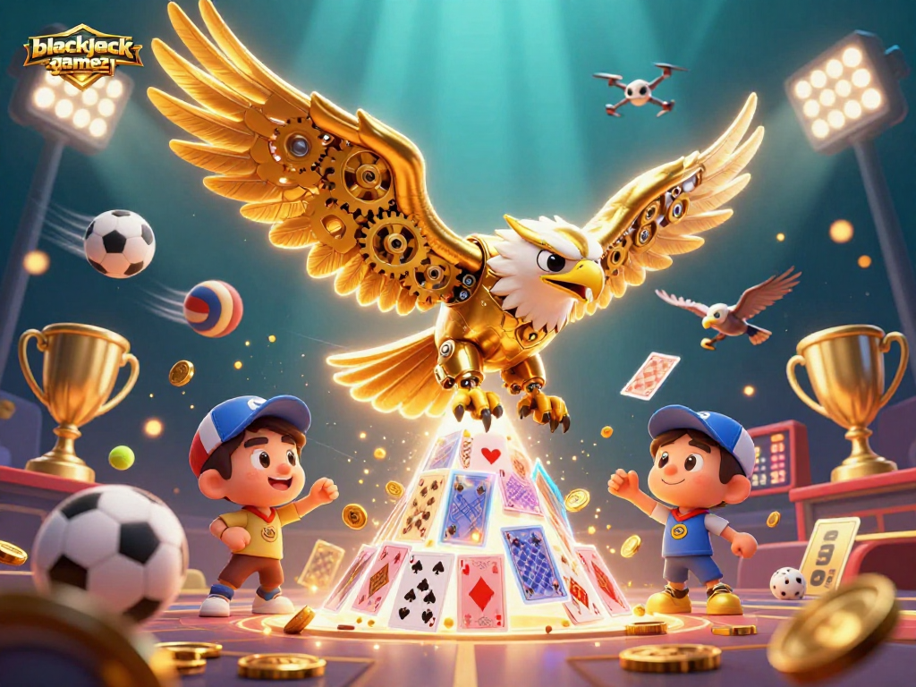 Experience the excitement of blackjack-game21 with a dynamic 3D illustration featuring a golden eagle amidst playing cards and sports elements.