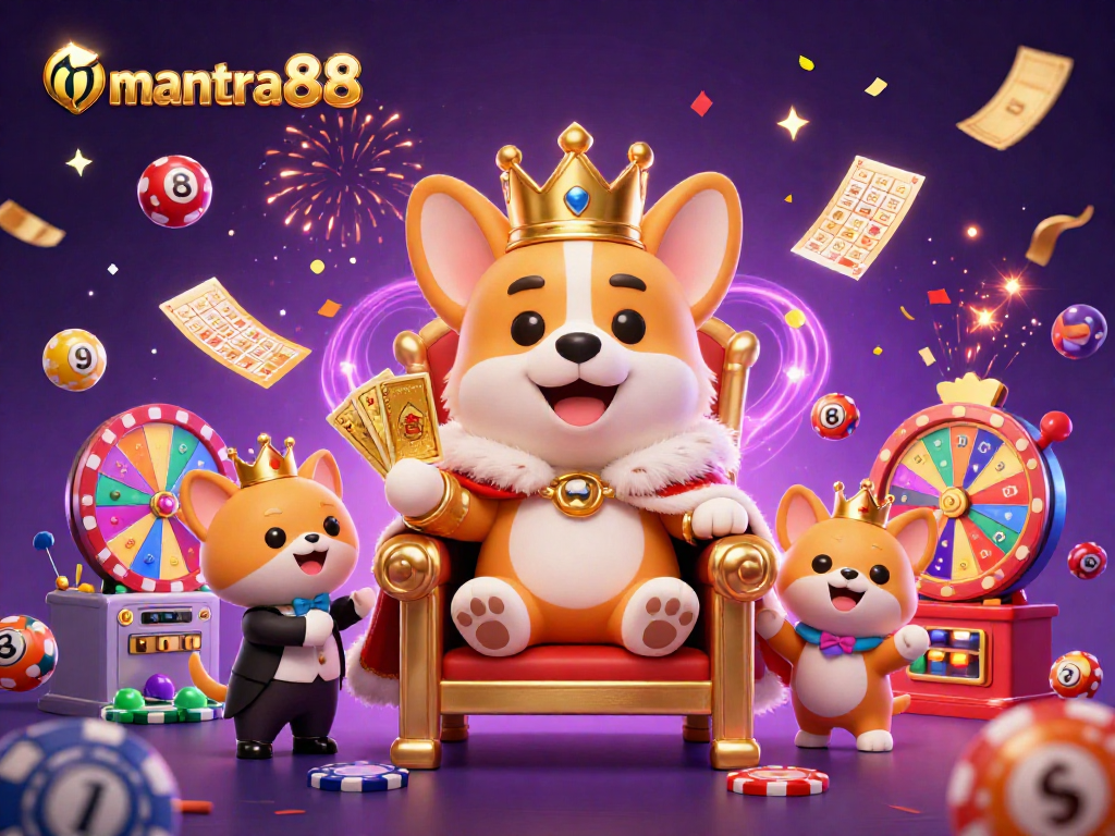 Experience the excitement at mantra88 with a joyful royal corgi on a throne of chips amidst vibrant casino elements.