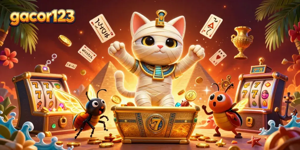 Engage with gacor123 as the mummy cat emerges in a dynamic casino scene filled with treasures and gaming elements.
